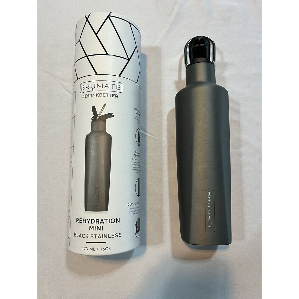 BRUMATE REHYDRATION MINI 16OZ BLACK STAINLESS STEEL WATER BOTTLE SIP STRAW LID